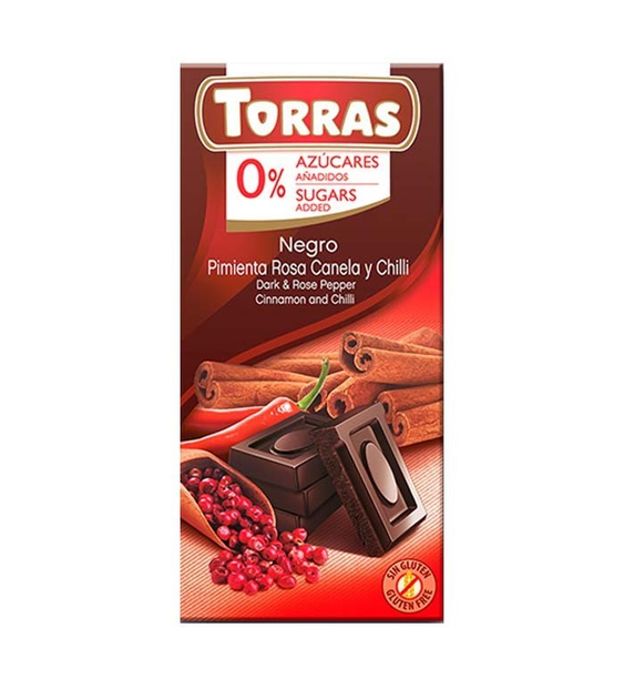 Шоколад Torras без цукру чорний з перцем чилі, корицею, чорним перцем ...