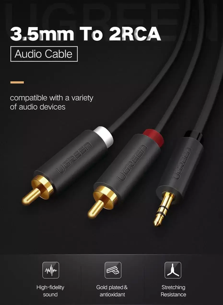 Кабель аудио UGREEN 3.5 mm to 2RCA стерео разветвитель PVC 3М Grey (AV102) - Фото 3 Кабель аудио UGREEN 3.5 mm to 2RCA стерео разветвитель PVC 3М Grey (AV102) - изображение 3