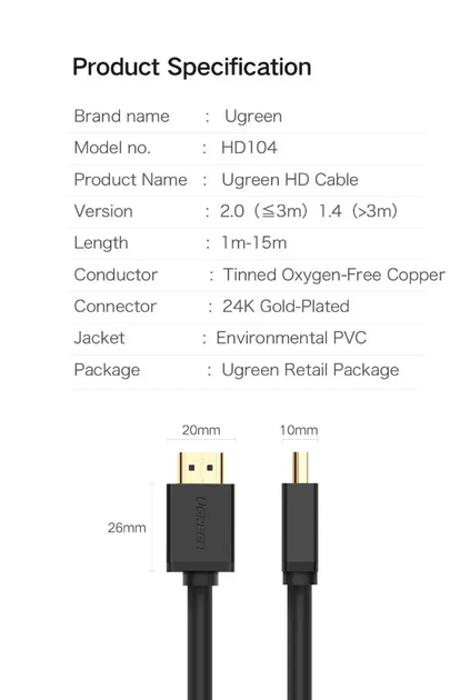 Кабель видео Ugreen HDMI 1.4 Full HD 60 Hz 3D 10М Black (HD104) - Фото 10 Кабель видео Ugreen HDMI 1.4 Full HD 60 Hz 3D 10М Black (HD104) - изображение 10