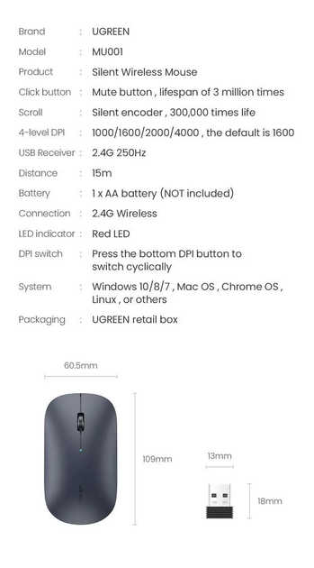 Бездротова миша UGREEN 4000 DPI планшета комп'ютера ноутбука Midnight Black (MU001) - Фото 10 Бездротова миша UGREEN 4000 DPI планшета комп'ютера ноутбука Midnight Black (MU001) - зображення 10