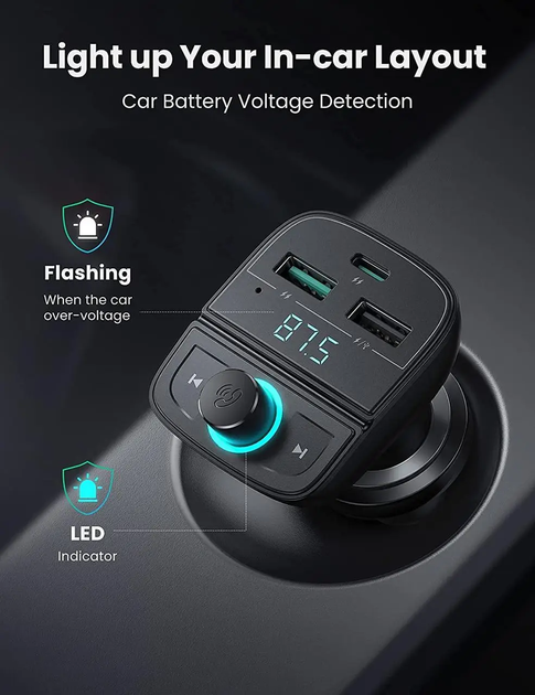 Автомобильное зарядное устройство для телефона UGREEN Bluetooth FM Transmitter Black (CD229) - изображение 4