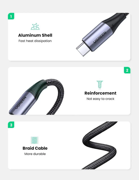 Кабель зарядный Ugreen USB Type-C to Type-C USB C 3.1 Gen 2 10Gbps 4K с нейлоновой оплеткой 1 м (US355) - Фото 6 Кабель зарядный Ugreen USB Type-C to Type-C USB C 3.1 Gen 2 10Gbps 4K с нейлоновой оплеткой 1 м (US355) - изображение 6