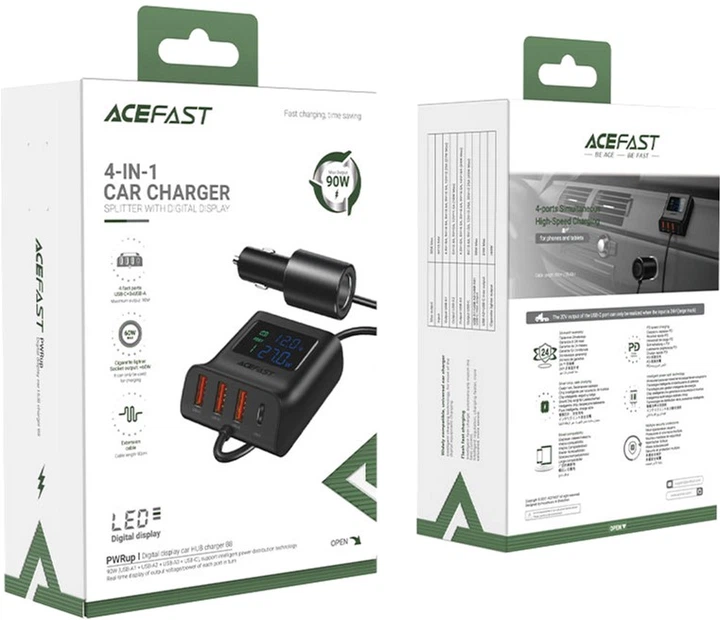 Автомобільний зарядний пристрій Acefast B8 Digital Display Car HUB Charger Black (AFB8) - зображення 3