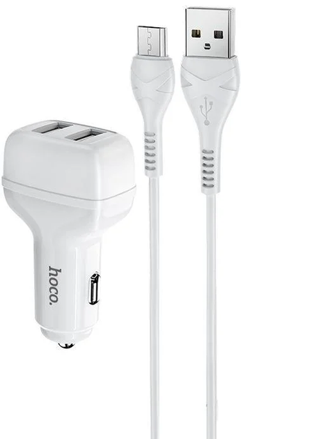 Адаптер автомобільний HOCO Micro USB Cable Leader Z36 2USB 2.4A White - зображення 2