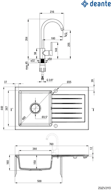 Zlewozmywak granitowy Deante Zorba 760x440x160 mm (ZQZV2113) z baterią Nemezja BEN_262M - obraz 3