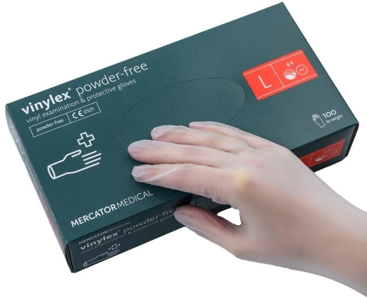 Перчатки виниловые MERCATOR Vinylex Powder-Free неопудренные, размер L, 100 шт - изображение 1
