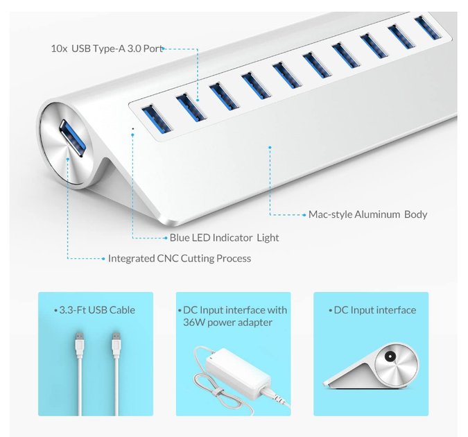 USB хаб Orico M3H10 USB 3.0 10 портів з блоком живлення hub концентратор алюмінієвий - зображення 4