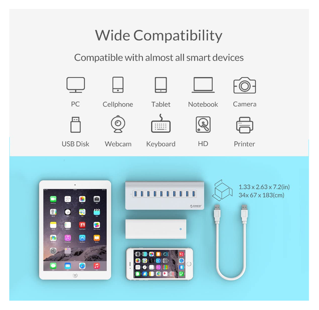 USB хаб Orico M3H10 USB 3.0 10 портів з блоком живлення hub концентратор алюмінієвий - зображення 5