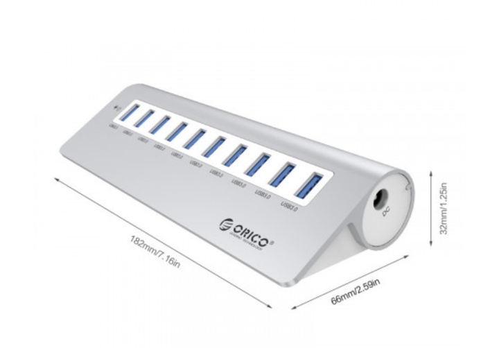 USB хаб Orico M3H10 USB 3.0 10 портів з блоком живлення hub концентратор алюмінієвий - зображення 10