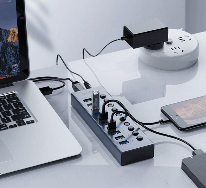 USB хаб Orico BT2U3-10AB USB 3.0 10 портів алюмінієвий з блоком живлення hub концентратор - зображення 10