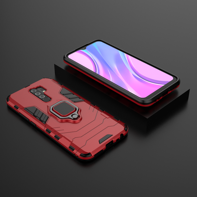 Чехол Iron Ring для Xiaomi Redmi 9 бампер противоударный с подставкой кольцом Red - изображение 4