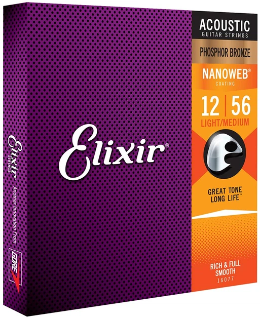 Струны для акустической гитары Elixir 16077 Nanoweb Phosphor Bronze Light-Medium 12-56 (PB NW LM) - Фото 2 Струны для акустической гитары Elixir 16077 Nanoweb Phosphor Bronze Light-Medium 12-56 (PB NW LM) - изображение 2