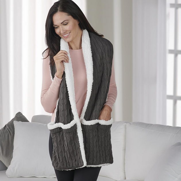 Плюшевый шарф-безрукавка зимняя Huggle Pocket Scarf мягкий домашний шарф жилетка с карманами на пуговицах - изображение 5