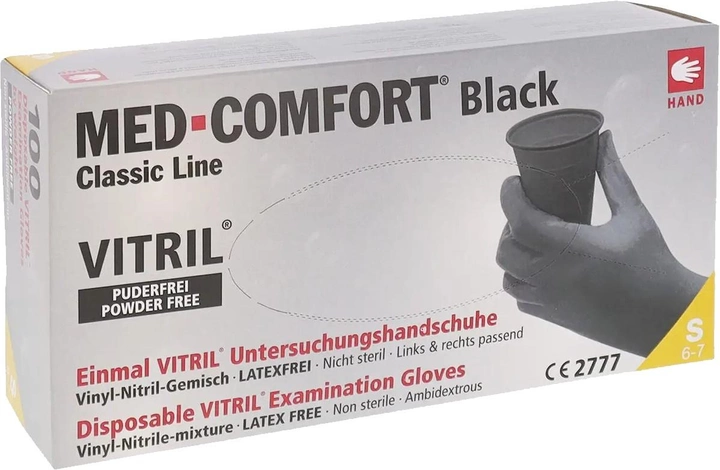 Рукавички Вінілові Синтетичні (Вітріл/Vitryl) AMPri Med Comfort, розмір S, (100 шт./50 пар) чорні - изображение 1
