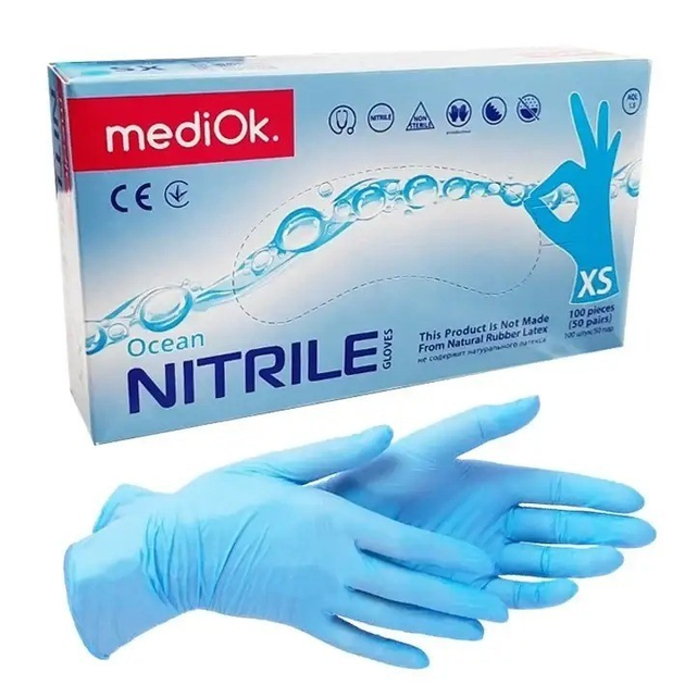Перчатки нітрилові MediOk Nitrile Ocean (100 шт./50 пар), сині, розмір XS - зображення 1