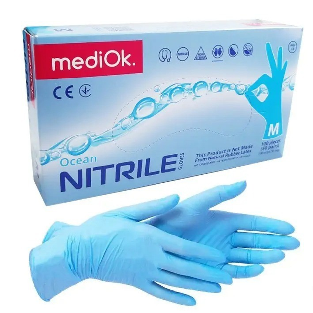 Перчатки нітрилові MediOk Nitrile Ocean (100 шт./50 пар), сині, розмір M - зображення 1