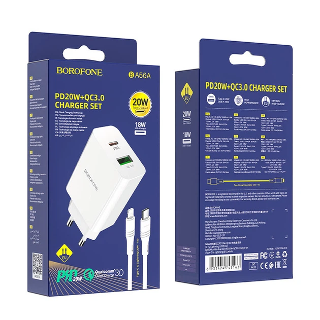 Зарядне мережеве BOROFONE BA56A Lavida (PD + QC3.0) (1USB 3A 20W) Lightning - Type Білий - Фото 2 Зарядне мережеве BOROFONE BA56A Lavida (PD + QC3.0) (1USB 3A 20W) Lightning - Type Білий - зображення 2