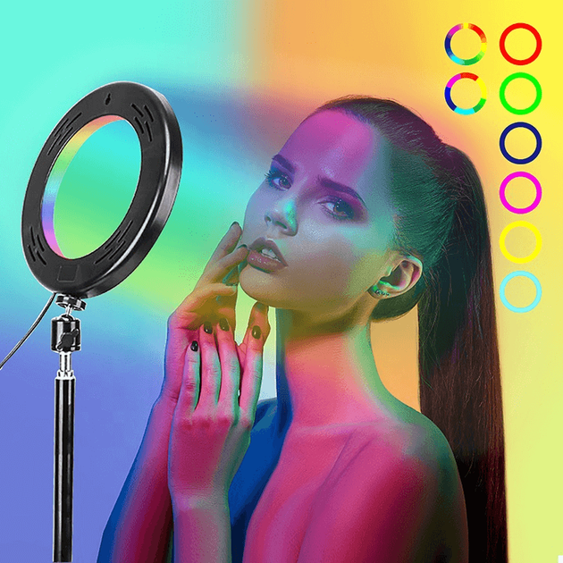 Кольцевая цветная светодиодная лампа 16 см со штативом и с Bluetooth-пультом RGB100 Питание от USB - Фото 4 Кольцевая цветная светодиодная лампа 16 см со штативом и с Bluetooth-пультом RGB100 Питание от USB - изображение 4