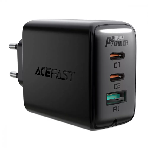 Мережевий зарядний пристрій Acefast A13 PD 65W (2 Type-C + USB, 100см) black - зображення 3
