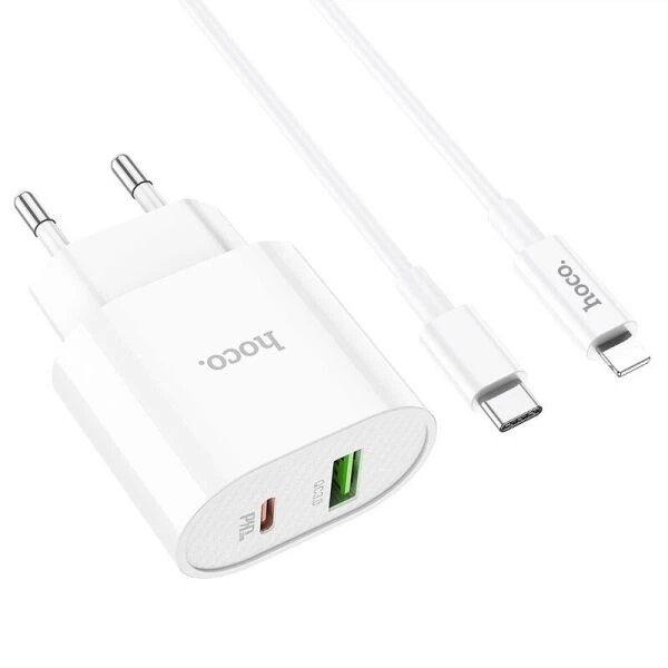 Сетевое зарядное устройство Hoco C95A Lineal PD20W + QC3.0 + кабель Type-C to Lightning - White - изображение 2