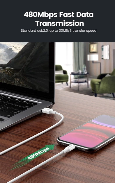 Kabel Ugreen US155 USB 2.0 męski na Lightning męski kabel niklowany obudowa ABS 2.4A 2 m Biały (6957303827305) - obraz 4