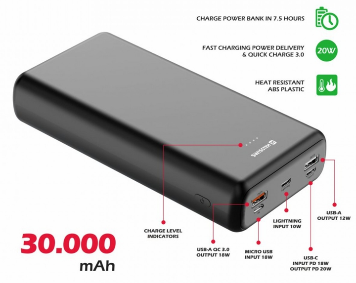 Повербанк Power Bank SWISSTEN 30000 mAh 20W Fast Gharge QC3.0 / PD3.0 ...
