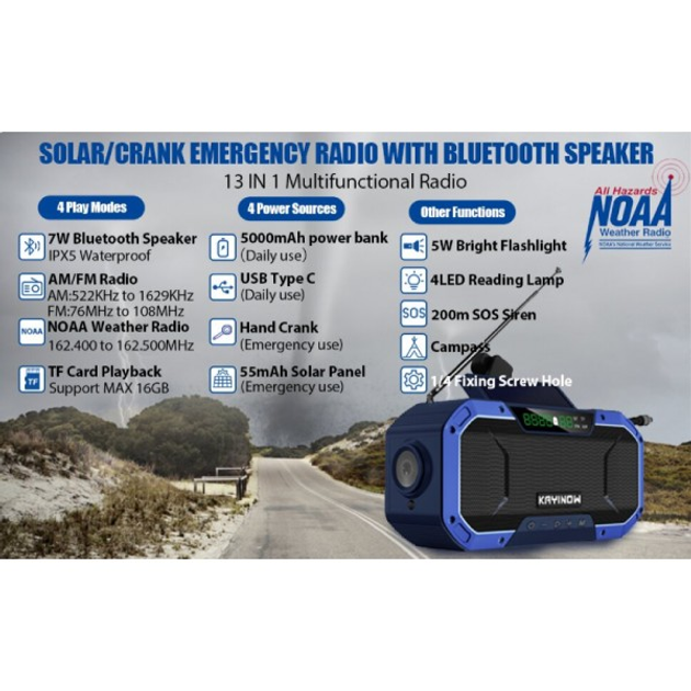 Многофункциональный радиоприемник AM/FM, KAYINOW DF-580, с фонариком, с Bluetooth, с зарядкой от солнца и ручного генератора + Powerbank 5000mAh - изображение 4