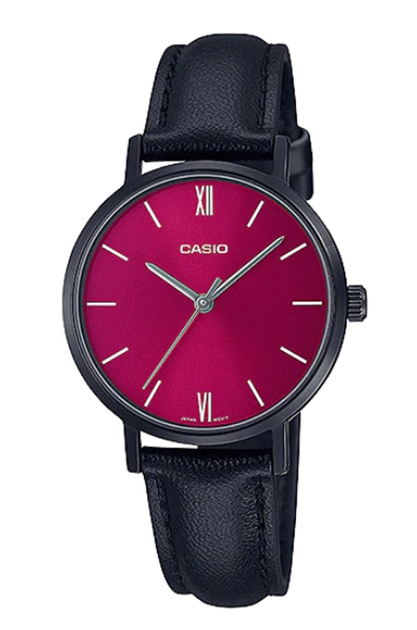 Женские часы с кожаным ремешком Casio LTP-VT02BL-4A Черные\Малиновый экран - изображение 2