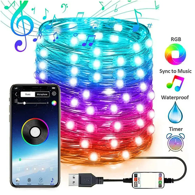 Умная светодиодная Smart Гирлянда RGB управления через Bluetooth смартфон USB питание – 15 метров/150 лампочек - изображение 2