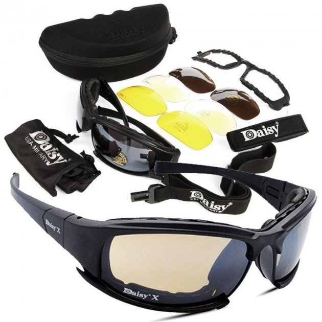 Захисні військові тактичні окуляри з поляризацією Daisy X7 Black + 4 комплекти лінз - зображення 1