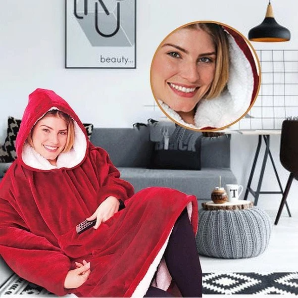 Толстовка плед с рукавами и капюшоном Huggle Hoodie оверсайз, теплый худи с большим карманом для рук Бордовый One size - изображение 10