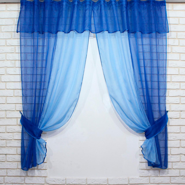 Акція на Комплект штор кухонних VR-Textil № 017к з ламбрекеном на карниз 1-1.5 м синій/блакитний 170х270 (59-065) від Rozetka