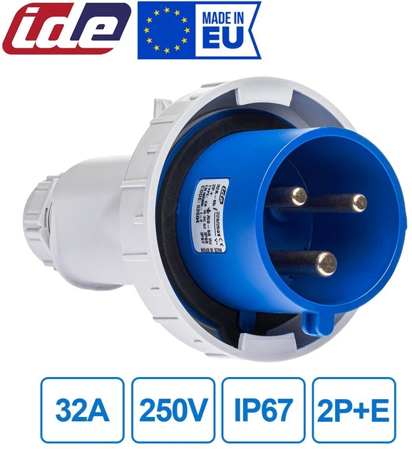 Вилка силовая IDE 32A 250В 2P+E IP67 Синяя (2604) фото, отзывы