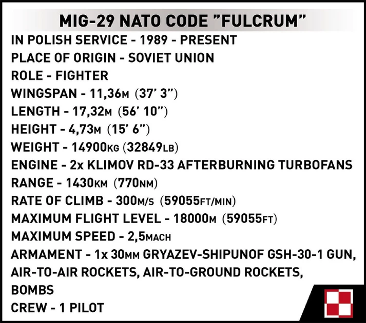 Klocki konstrukcyjne Cobi Samolot MiG-29 Fulcrum 600 elementów (COBI-5834) - Zdjęcie 11 Klocki konstrukcyjne Cobi Samolot MiG-29 Fulcrum 600 elementów (COBI-5834) - obraz 11