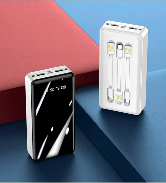 Зарядное устройство PowerBank 30000 mAh + 3 встроенные кабели Белый ...