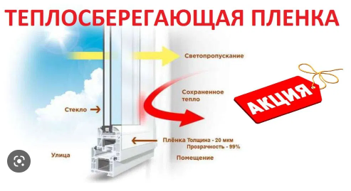 Теплозберігаюча плівка + скотч 20мкм для вікон 1,1 м * 5,5 м = 6м2 "третє додаткове скло" - зображення 4