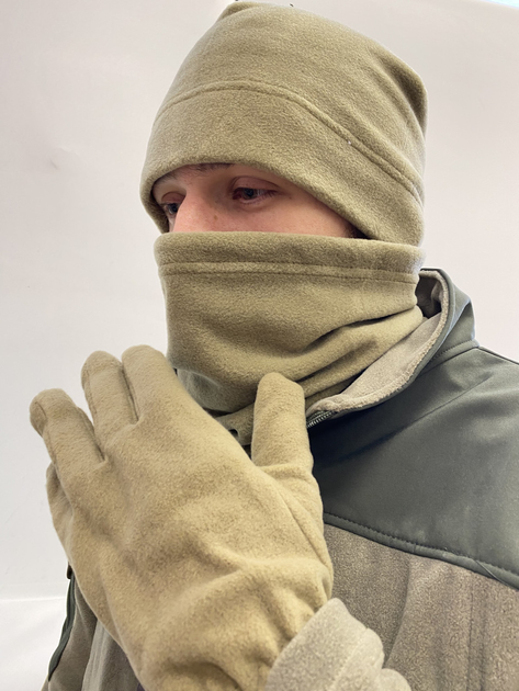 Комплект зимовий флісовий рукавички тактичні, шапка та бафф беж Kompred Art-430 - зображення 2