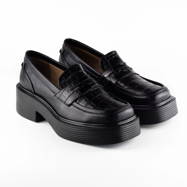 Лоферы женские на массивной подошве черные кожаные туфли женские Woman's heel на широком каблуке 39 (О-912) - изображение 8