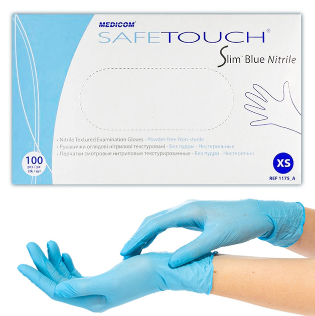Нітрилові рукавички Medicom, щільність — 3.8 г. — Slim Blue (блакитні) — 100 шт XS (5-6) - зображення 1