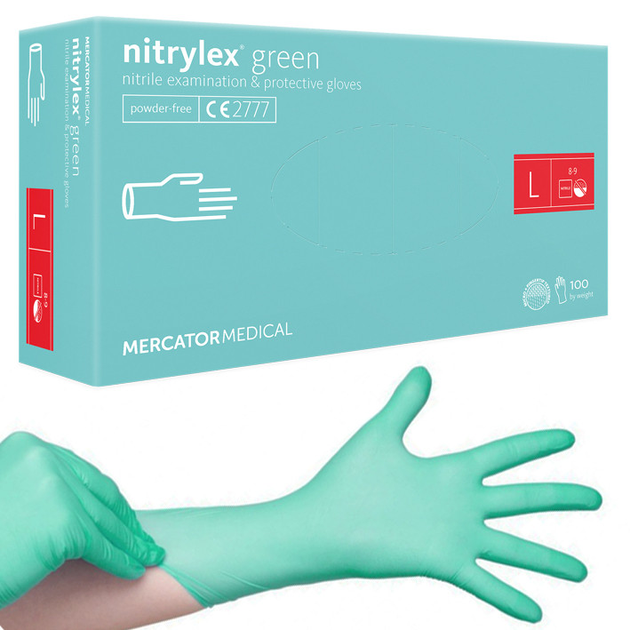 Нітрилові рукавички Nitrylex, щільність 3.5 г. - PF Green - Бірюзові (100 шт.) L (8-9) - зображення 1