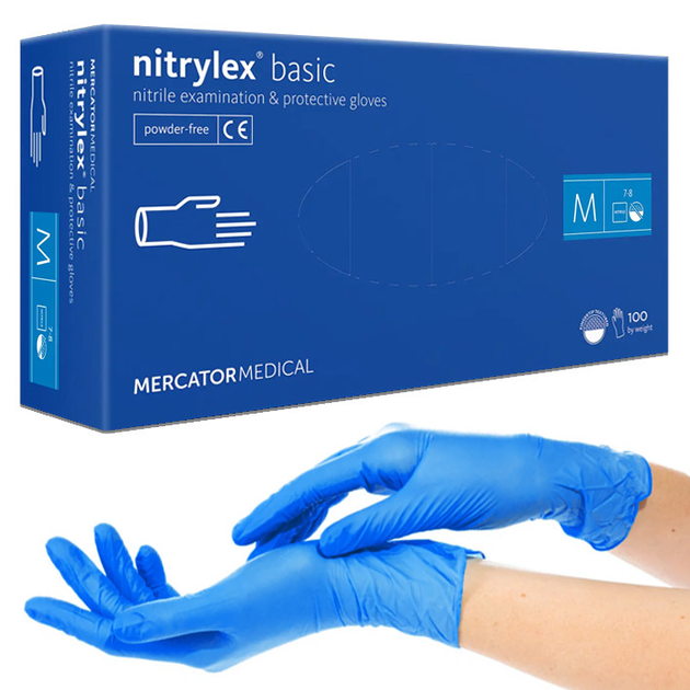 Рукавички нітрилові Nitrylex®, щільність 3.2 г. - PF PROTECT / basic - Сині (100 шт) M (7-8) - зображення 1