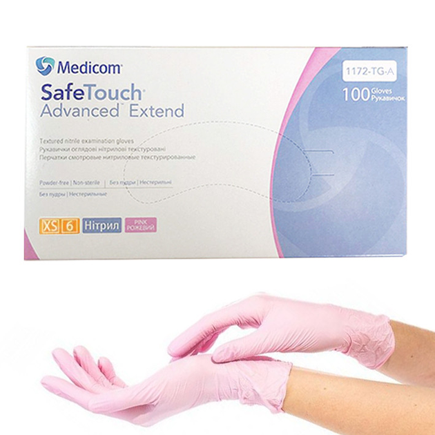 Нитриловые перчатки Medicom SafeTouch Extend Pink, плотность 3.5 г. - розовые (100 шт) XS (5-6) - изображение 1