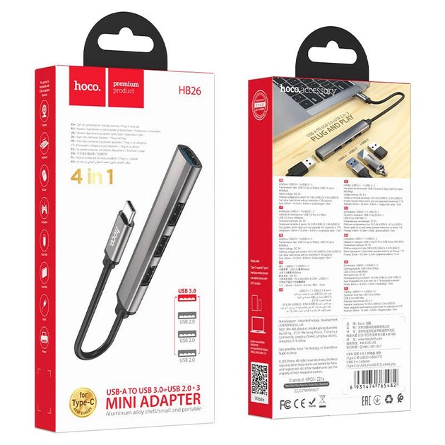 USB хаб розширювач із входом Type-C HUB адаптер HOCO Mini 4-in-1 converter (USB3.0+3*USB2.0). Grey - зображення 5