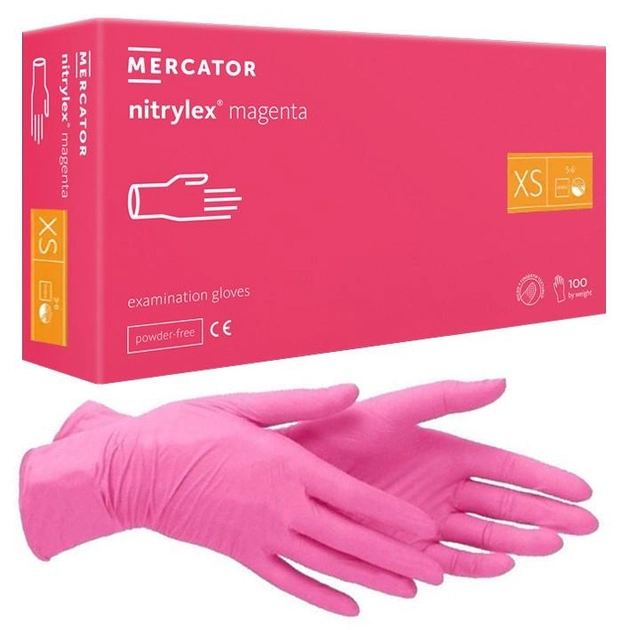 Нітрилові рукавички Nitrylex® Magenta, щільність 3.5 г. — рожеві (100 шт.) XS (5-6) - зображення 1