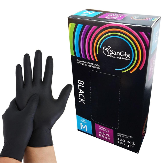 Черные одноразовые перчатки M (7-8) SanGig, 100 шт - изображение 1