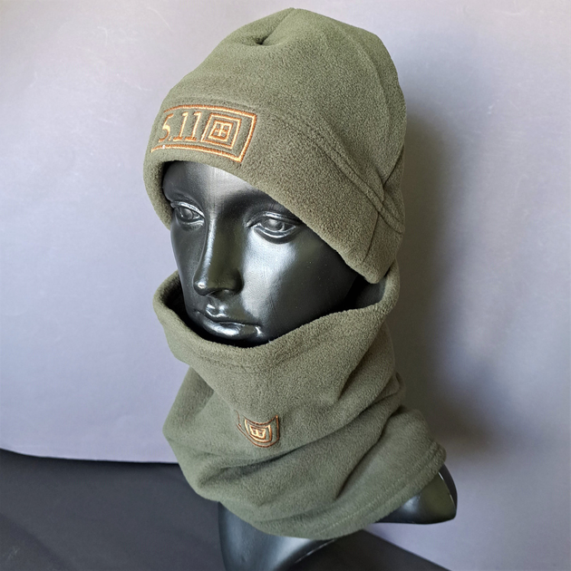 Комплект шапка та бафф флісова тепла тактична 5.11 Tactical чоловіча жіноча зимова Олива (0312) - зображення 1