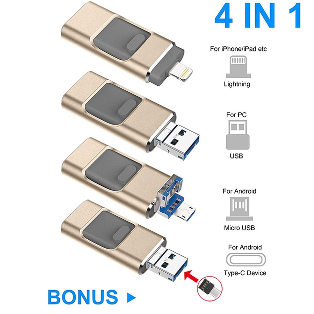 USB Флешка 4в1 512GB Type-C/Micro/Lightning/USB для телефона / компьютера iPhone/Android Черный - Фото 4 USB Флешка 4в1 512GB Type-C/Micro/Lightning/USB для телефона / компьютера iPhone/Android Черный - изображение 4