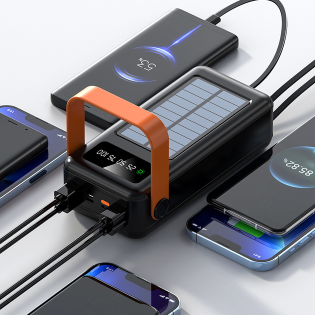 Power Bank с солнечной батареей Kamry 60000 mAh реальная ёмкость с экраном, фонариком, 4хUSB, кабеля 4в1 MicroUSB/Lightning/Type-C/USB Черный - изображение 7