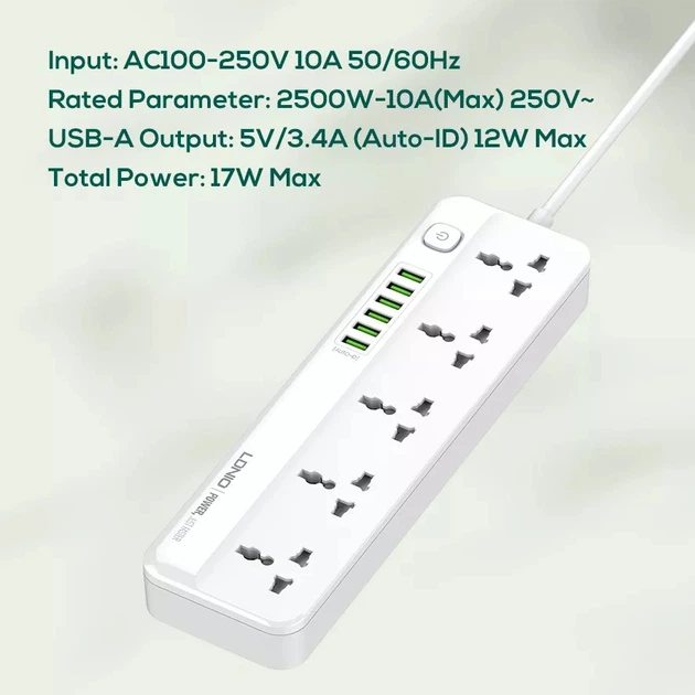Сетевой удлинитель фильтр LDNIO SC5614 |2500W, 2M, 5 розеток, 3USB, 3.4A/17W| White - изображение 6