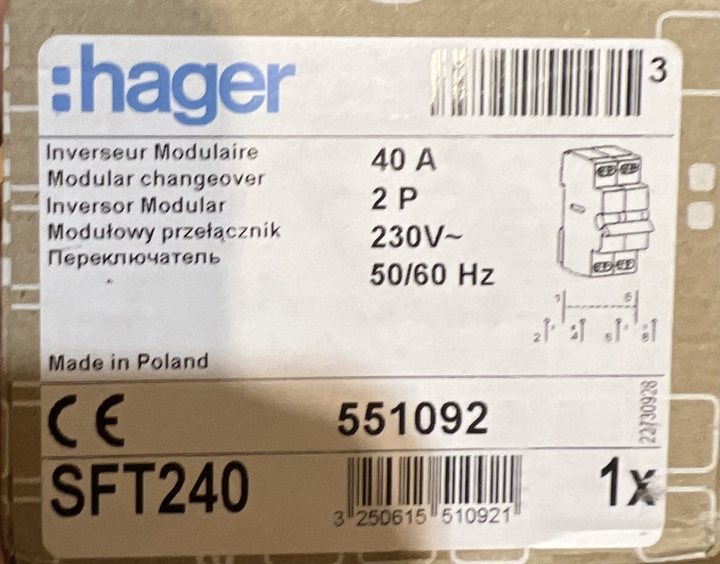 Трехпозиционный переключатель ввода резерва Hager I-0-II 2 полюса 40 ...